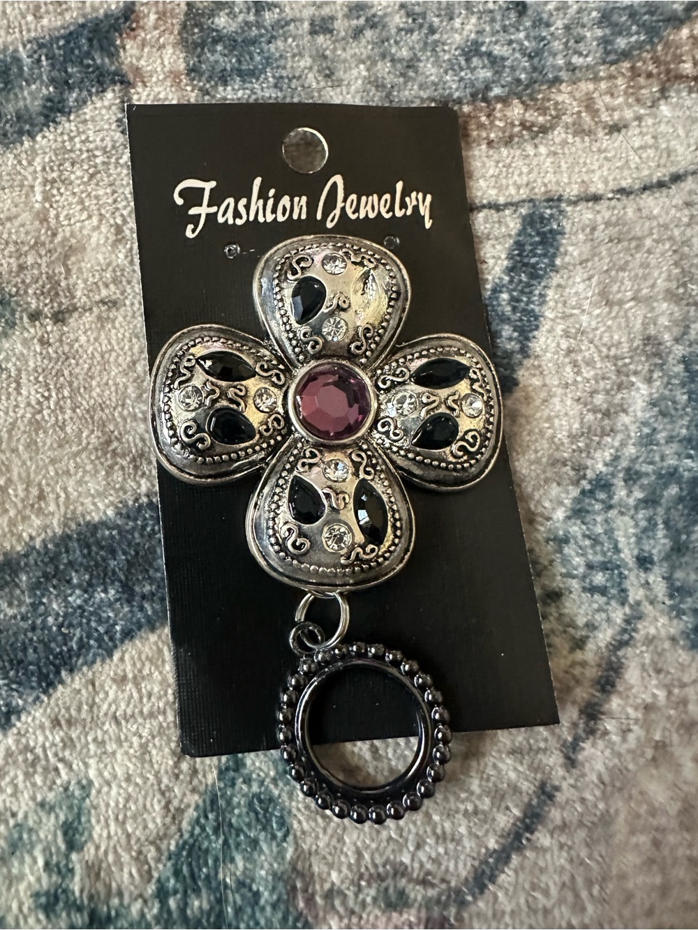 Magnetic Badge Holder Jewelry Silver-Tone Floral Cross Brooch Purple Gem